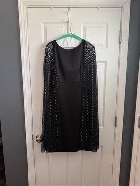 Frank Lyman Design Black Midi Dress with Studded Cape